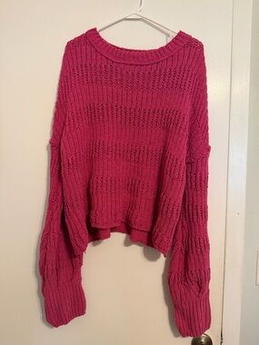Women's Fuchsia Open-Knit Crewneck Sweater
